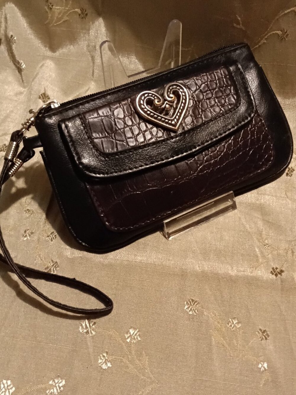 Brighton Black & Brown Croc-Embossed Wristlet with Silver Heart
